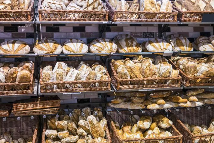An assortment of bread at a grocery store