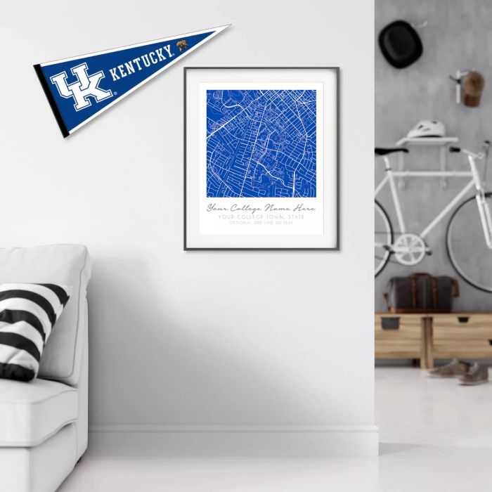 A custom college map displayed on the wall is the perfect way to remember the college experience, personalized to highlight special places and moments.