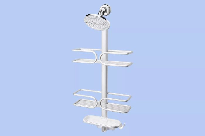 Image collage featuring the OXO Good Grips 3-Tier Aluminum Shower Caddy mounted on a shower head against a blue backdrop