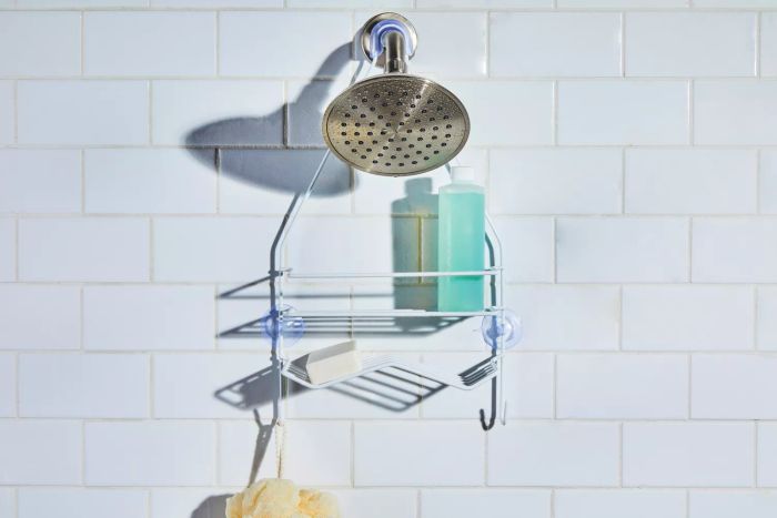 The Zenna Home Shower Caddy set up in a shower