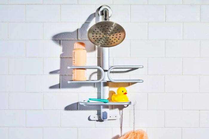 The OXO 3-Tier Shower Caddy displayed in a bathroom environment