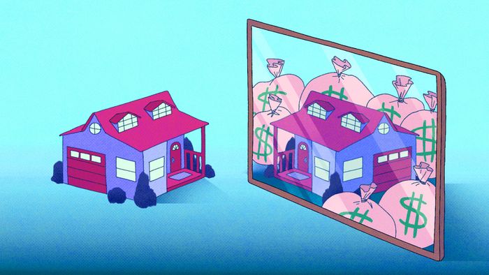 An image of a house with a mirror reflecting the same house surrounded by bags filled with money