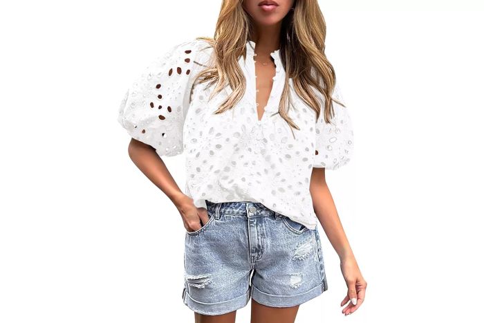 PRETTYGARDEN Lace Hollow-Out Embroidered Blouse