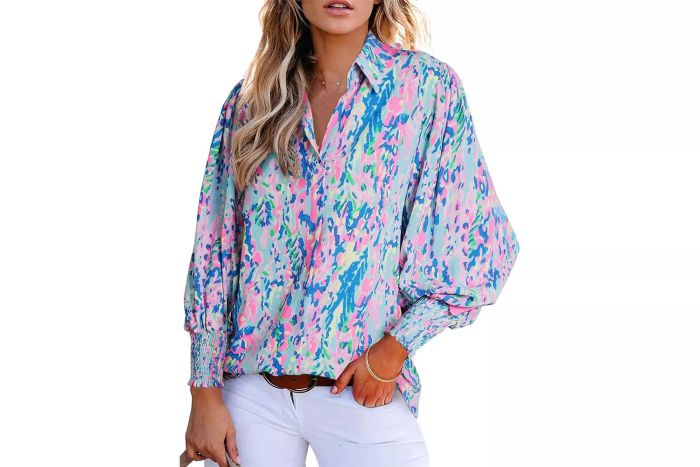 Astylish Loose V-Neck Shirts Paisley Print Lantern Sleeve Blouse