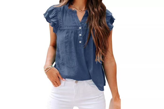 PRETTODAY V-Neck Lace Crochet Button-Down Shirts