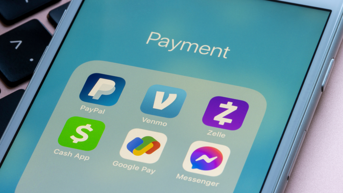 Various peer-to-peer payment apps, such as PayPal, Venmo, Zelle, Cash App, Google Pay, and Facebook Messenger, are displayed on an iPhone.