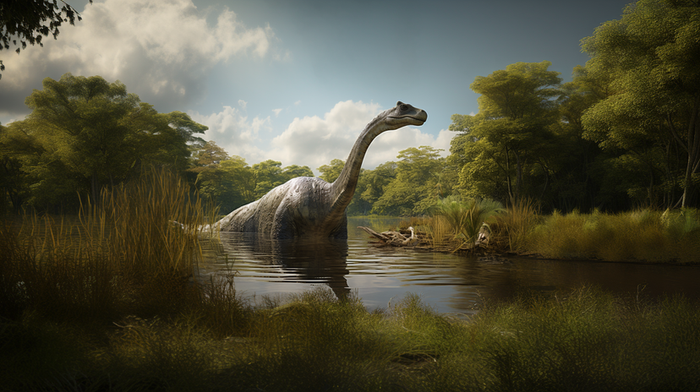 An artistic rendering of Mokele-Mbembe traversing a river.