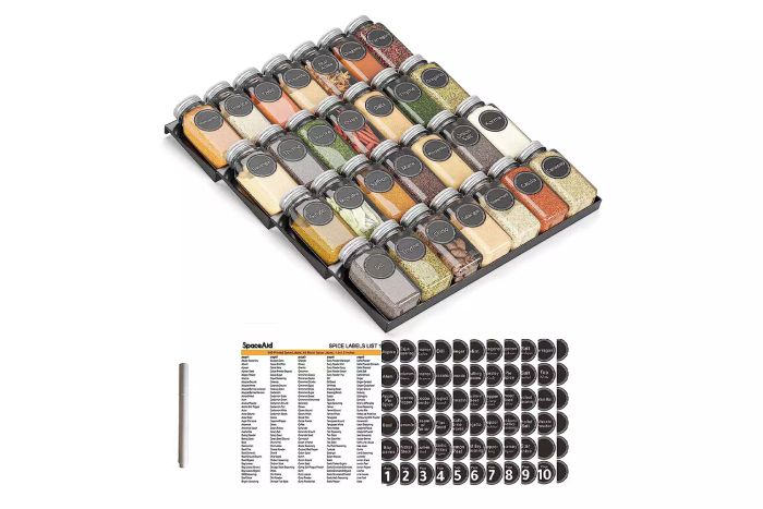 SpaceAid Drawer Organizer with 28 Jars for Spices