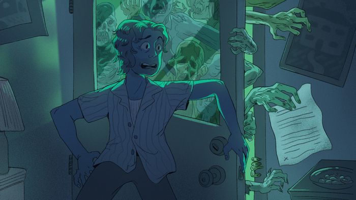 A group of zombies invading a house, with one clutching a mortgage paper.