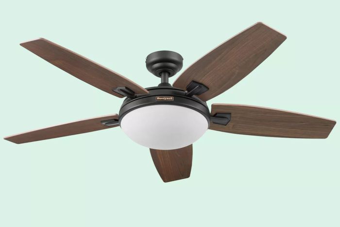A collage showcasing the Honeywell Carmel Ceiling Fan against a light green backdrop