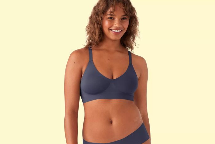 A person modeling a highly recommended comfortable bra against a vibrant yellow backdrop