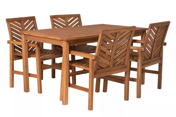 Walker Edison 4 Person Outdoor Wood Chevron Patio Furniture Dining Set