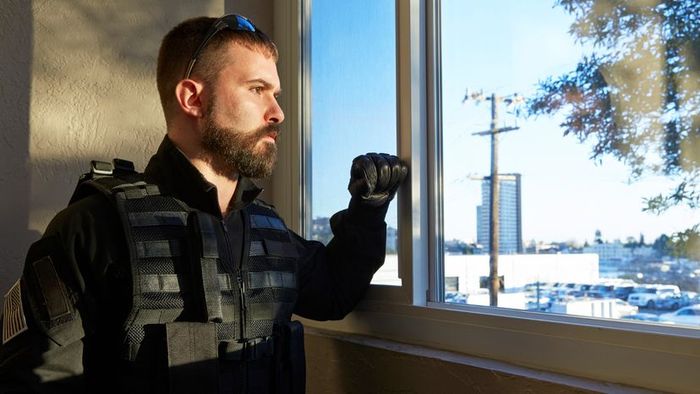 A person wearing a bulletproof vest, looking out of a window while protected by body armor.
