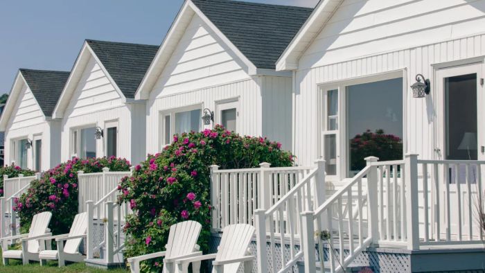 A charming row of white houses sharing a communal backyard