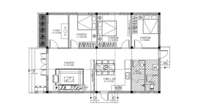 Bản vẽ chi tiết của mẫu nhà cấp 4 3 phòng ngủ đầy đủ tiện ích.