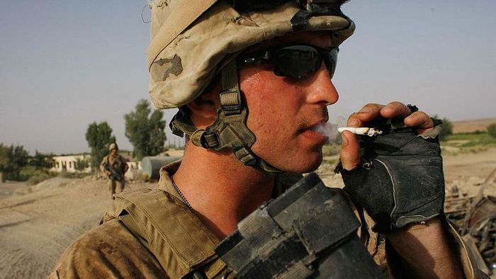 A U.S. soldier enjoys a cigarette.