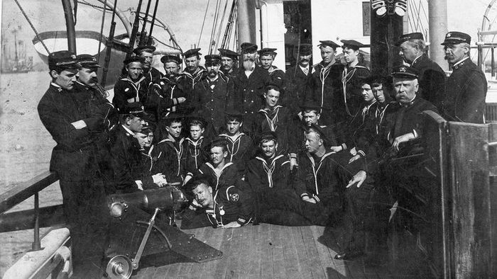 Crew aboard a Coast Guard revenue cutter, circa 1900