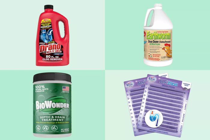 A collection of four drain cleaners displayed on vibrant green backgrounds