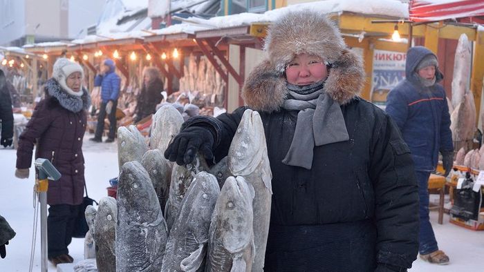 A person bundled up in a heavy jacket and hood, navigating a snowy market with frozen fish for sale.