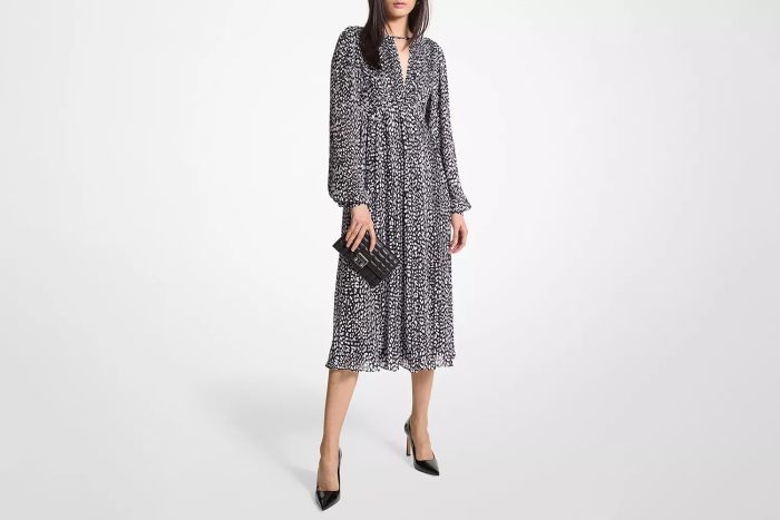 Pleated Leopard Print Georgette Midi Dress