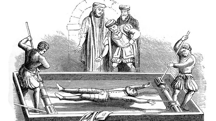 A 1876 engraving captures a man enduring torture on the Rack, one of history's most notorious devices.