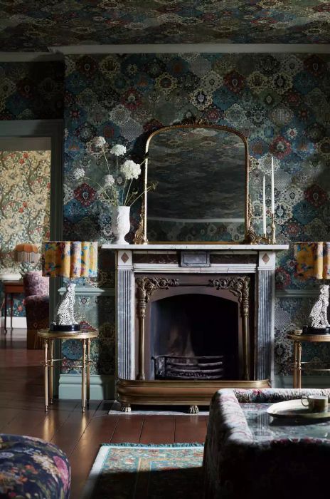 Moody living room with patterned wallpaper