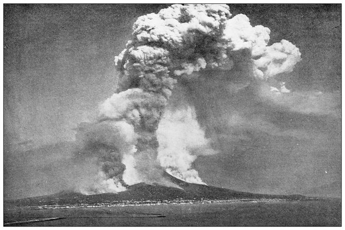 An antique photograph capturing Naples and Campania during the eruption of Vesuvius in 1872.