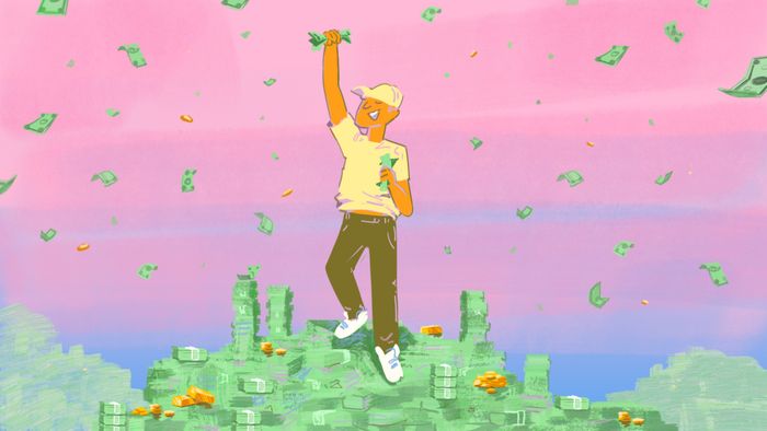 A triumphant individual seizing cash while standing on a mountain of money