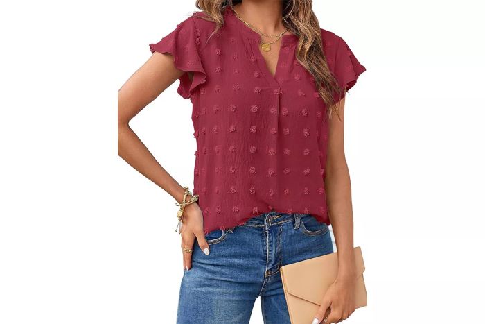 Amazon MEROKEETY Women’s 2024 Summer V-Neck Ruffle Short-Sleeve Blouse Swiss Dot Flowy Shirt Tunic Top
