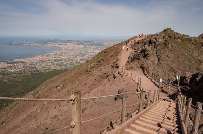 A view from the enclosed walkway around Mt. Vesuvius, overlooking the Gulf of Naples.