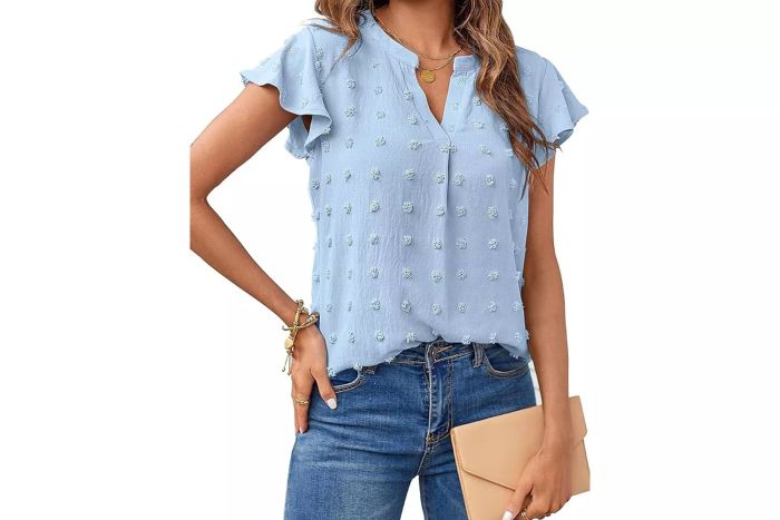 MEROKEETY Women 2024 Summer V Neck Ruffle Short Sleeve Blouse Swiss Dot Flowy Shirt Tunic Top