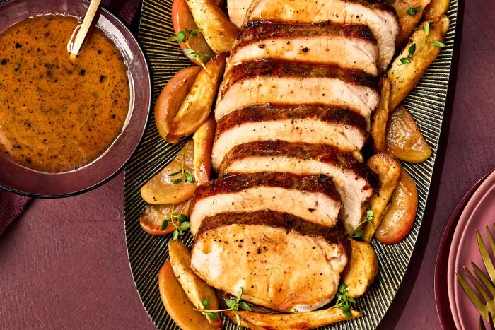1223FEA-Apple-Brandy-Pork-Loin-Roast is a deliciously tender roast that highlights the bold flavor of apple brandy, making it the perfect dish for a hearty and flavorful meal.