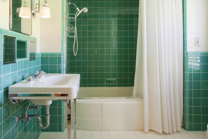 A vibrant designer bathroom featuring a shower curtain.