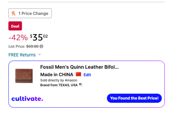 A screenshot of the Cultivate extension on Amazon showing that a Fossil wallet was produced in China.