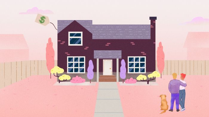 A house with a price tag, accompanied by a couple proudly gazing at it.