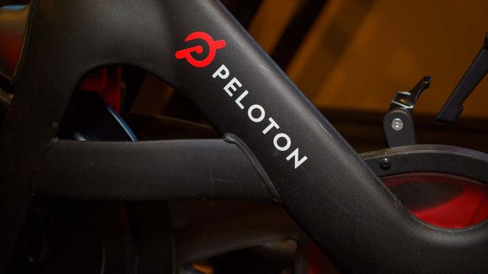 a detailed view of the Peloton logo displayed on a bicycle