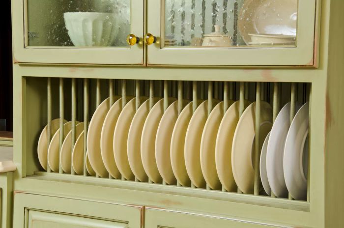 This contemporary kitchen offers a close-up of a cabinet filled with dishes.