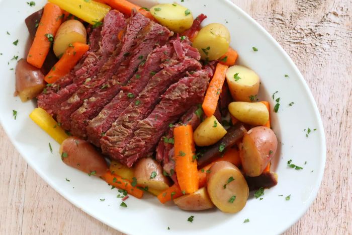 Corned beef and vegetables prepared in an Instant Pot.
