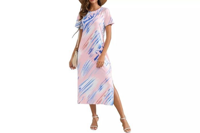 Amazon Naggoo Women's Short Sleeve Split Maxi Dress, Casual Plain Tie-Dye Print T-shirt Long Dress with Pockets