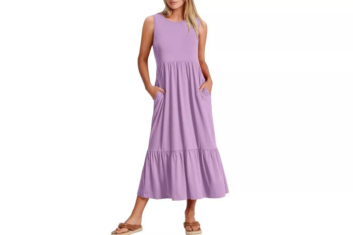 Amazon ANRABESS Women's Summer Casual Sleeveless Crewneck Sundress A-Line Flowing Tiered Maxi Dress, Ideal for Beach Vacations