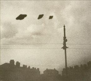 Image of purported UFOs in England, widely suspected to be fabricated.