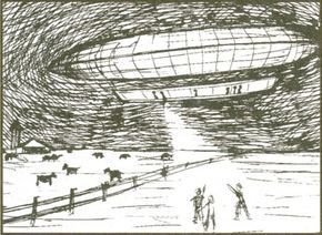An illustration depicting a UFO hovering above a farm.