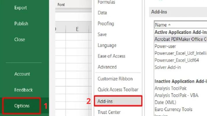Hủy tính năng Add-ins để khắc phục lỗi không hiển thị dữ liệu bước 1 (Hình minh họa)
