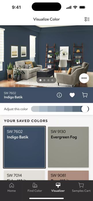 The Sherwin-Williams Color Expert app showcasing navy blue paint on a living room wall within the app.