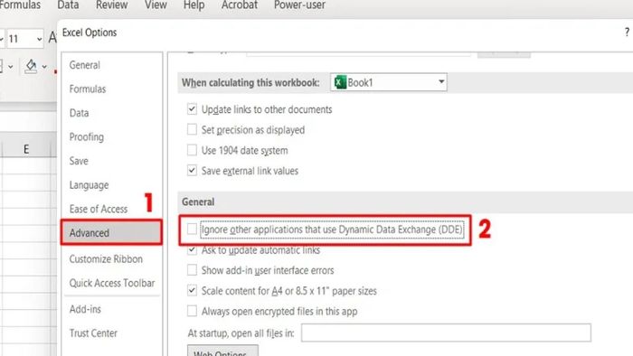 Tắt tính năng Dynamic Data Exchange để khắc phục lỗi Excel không hiển thị nội dung bước 1 (Hình minh họa)