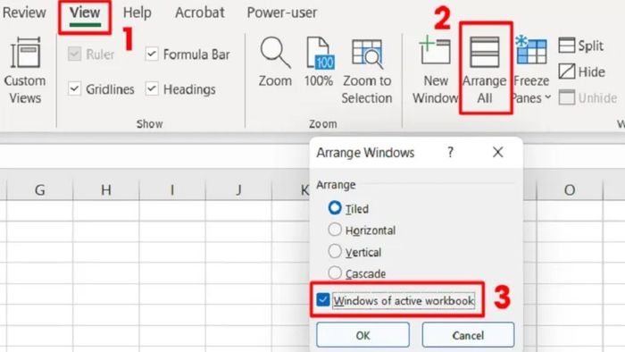 Sử dụng tính năng Arrange All để sửa lỗi file Excel không hiển thị theo hướng dẫn trong bước 1 (Hình minh họa)