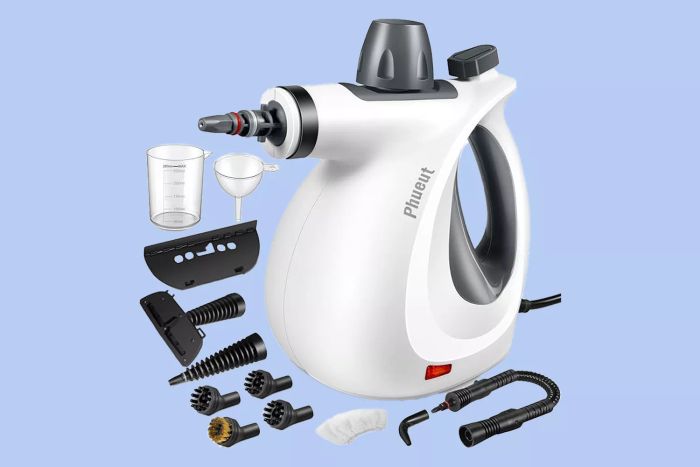 Phueut Handheld Steam Cleaner and its accessories displayed on a blue background