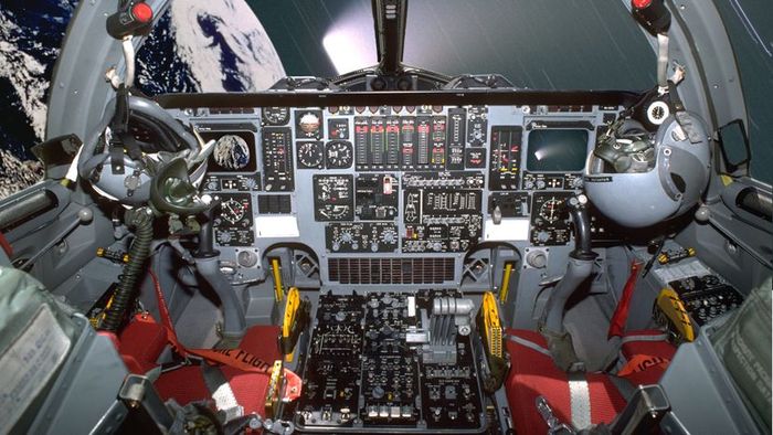 A spaceship's front view, displaying the control panel.