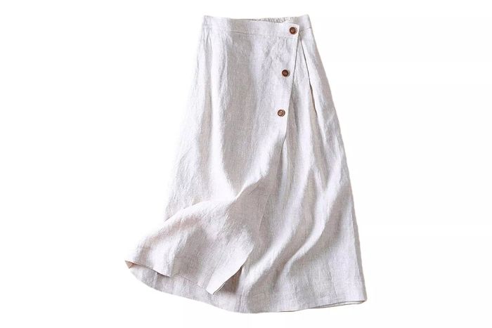CHARTOU Women's Summer Linen Elastic Back Buttoned Swing Midi A-Line Skirt