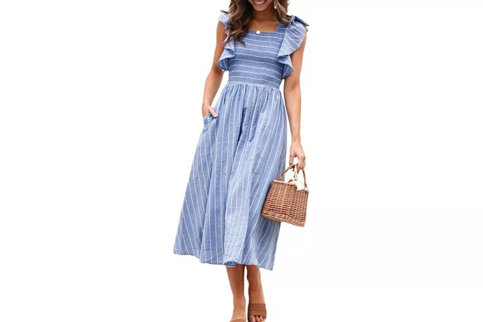 Miessial Women's Striped Linen Midi Dress with Elegant Square Neck, Ruffle Cap Sleeves, and Maternity-Friendly Design, 2024 Summer Beach Dress